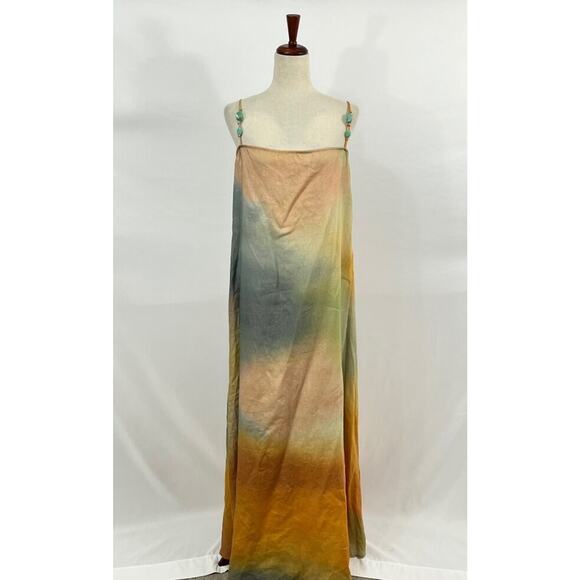 STAUD Sz L Large Laura Linen Dress Pastel Clouds Maxi Beaded Straps NWT - Picture 7 of 12